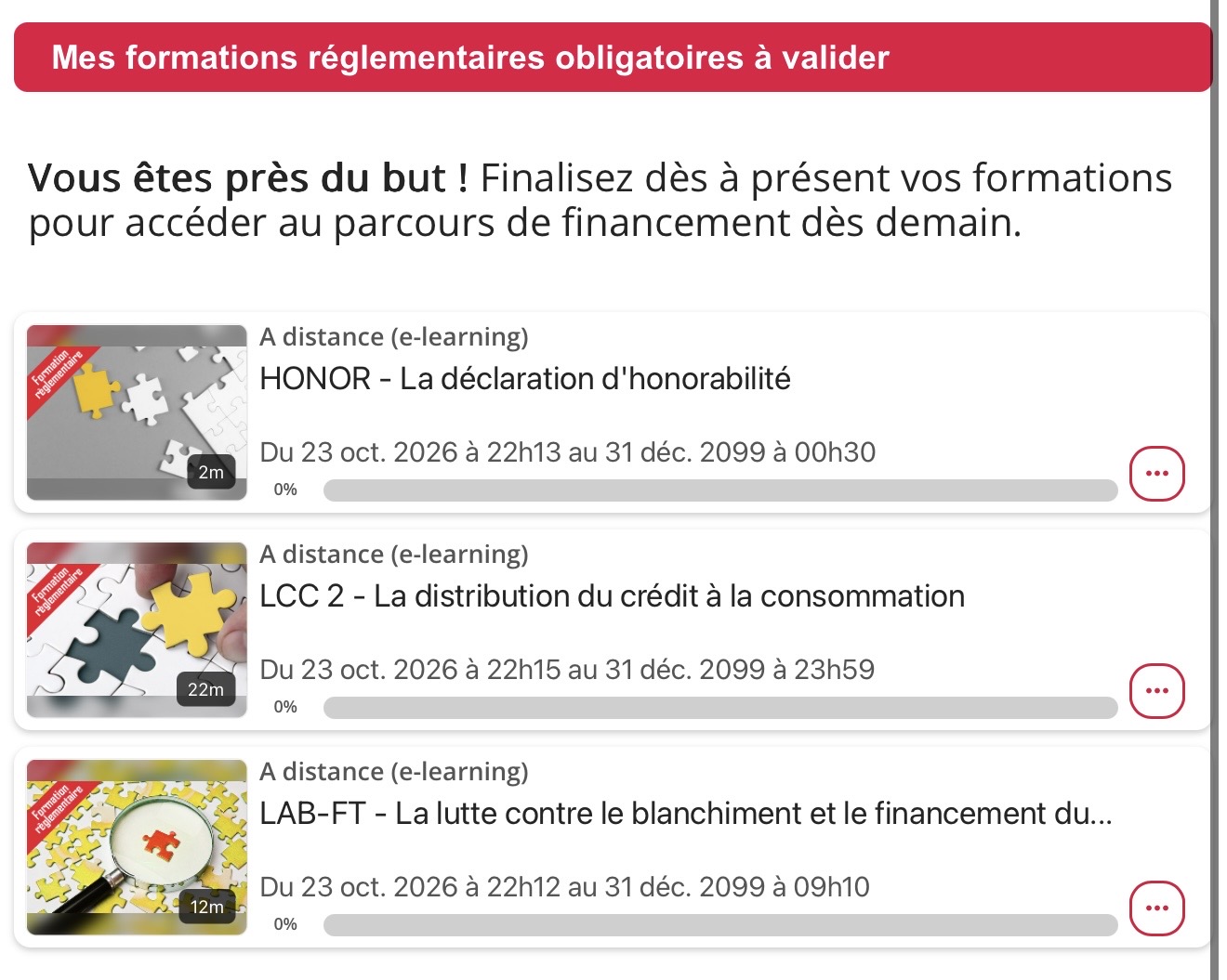 Écran Cofidis présentant les trois formations obligatoires HONOR, LCC 2 et LAB-FT